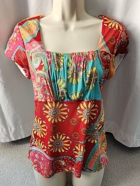 Christopher & Banks Red, Turquoise & Pink Floral Patchwork Square-Neck Top